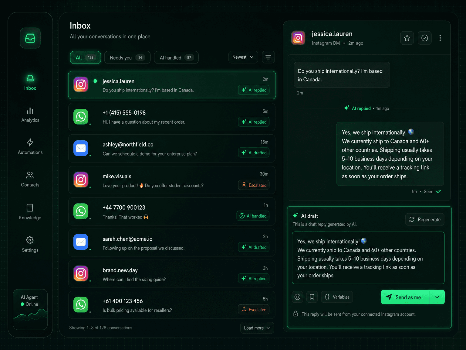 AI inbox handling Instagram and WhatsApp